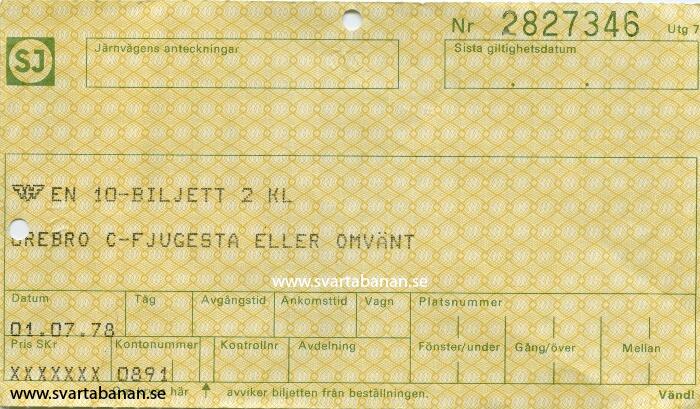 En 10-biljett Örebro-Fjugesta eller omvänt från juli 1978. - klicka för att stänga rutan