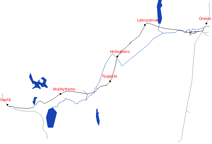 Den röda punkten visar platsen för Hidingebro längs Svartåbanan - klicka för att stänga kartan