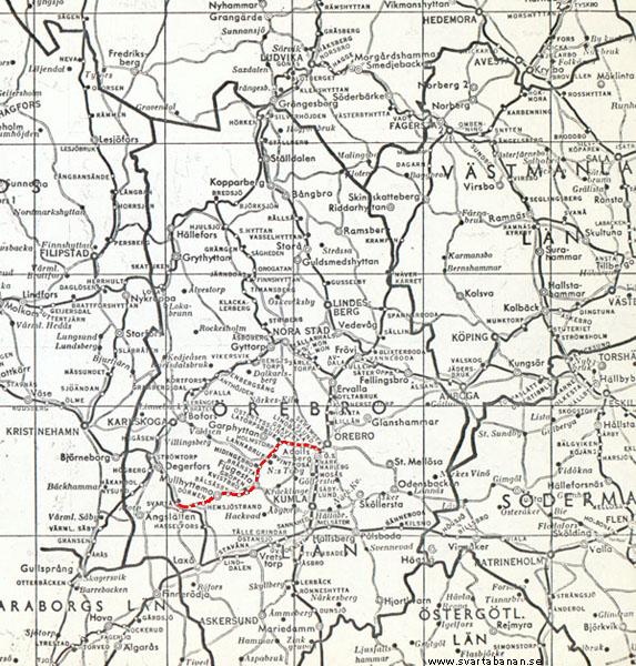 Översiktlig karta från ca 1943-1950 med Svartåbanan markerat i rött. - klicka för att stänga rutan