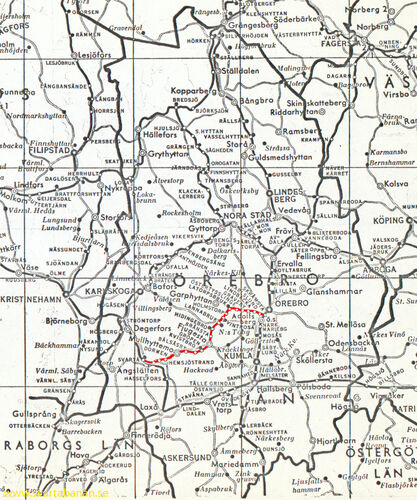 Översiktlig karta från ca 1943-1950 med Svartåbanan markerat i rött. - klicka för att förstora