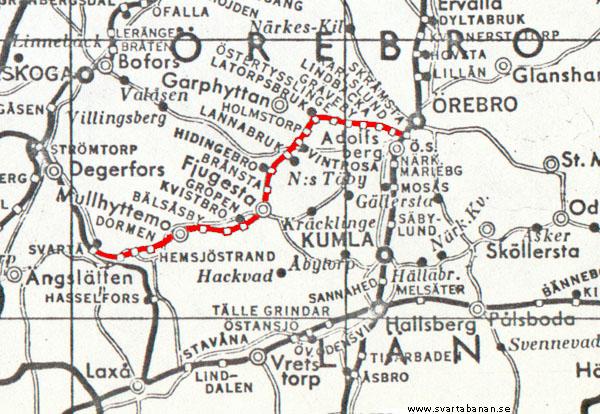 Karta från ca 1943-1950 med Svartåbanan markerat i rött. - klicka för att stänga rutan
