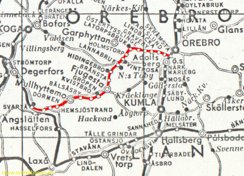 Karta från ca 1943-1950 med Svartåbanan markerat i rött. - klicka för att förstora