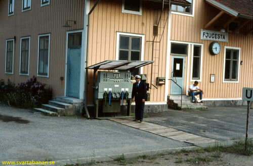 Tågklarerare Arne Karlsson vid ställverket i Fjugesta den 24 juni 1985. - klicka för att förstora