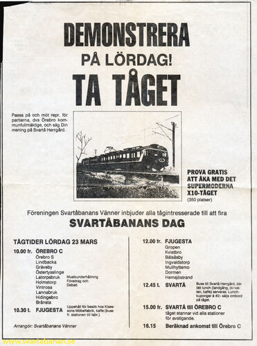 Annons för Svartåbanans dag den 23 mars 1985. - klicka för att förstora
