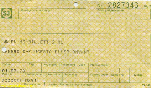 En 10-biljett Örebro-Fjugesta eller omvänt från juli 1978. - klicka för att förstora