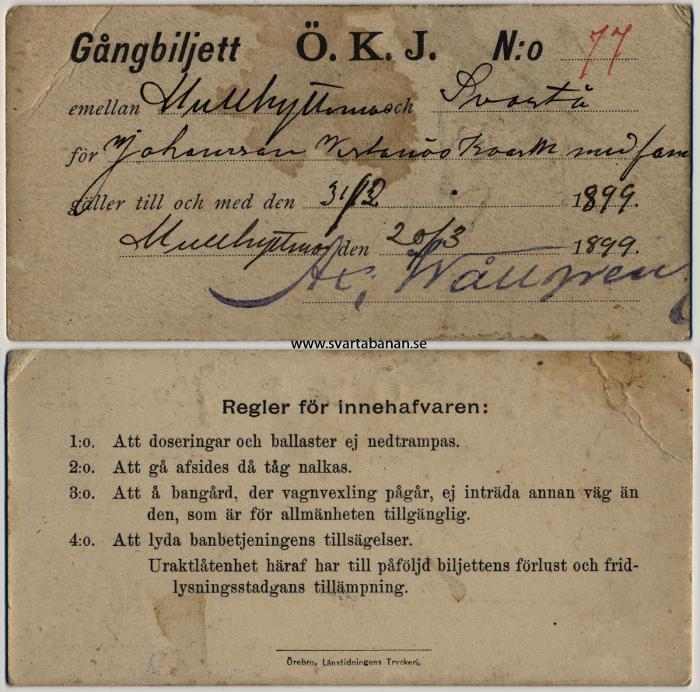 Gångbiljett för sträckan Mullhyttemo-Svartå från 1899. - klicka för att stänga rutan