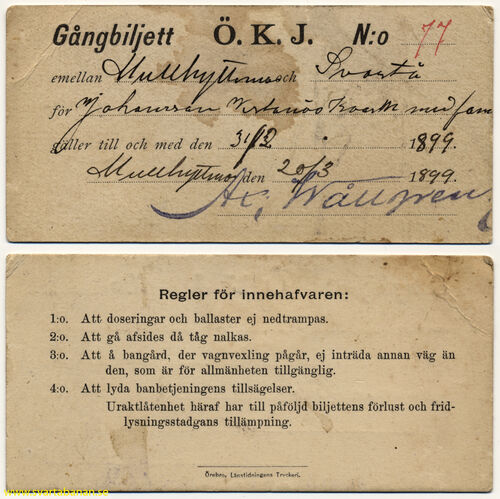 Gångbiljett för sträckan Mullhyttemo-Svartå från 1899. - klicka för att förstora