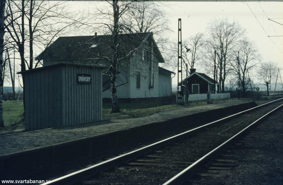 Gräveby hållplatskur, plattform, stationshus och tvättstuga våren 1972. - klicka för att stänga rutan