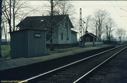Gräveby hållplatskur, plattform, stationshus och tvättstuga våren 1972. - klicka för att förstora