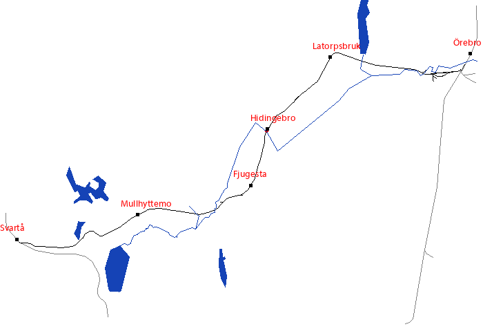 Den röda punkten visar platsen för Järnvägsbron Hidingebro längs Svartåbanan - klicka för att stänga kartan